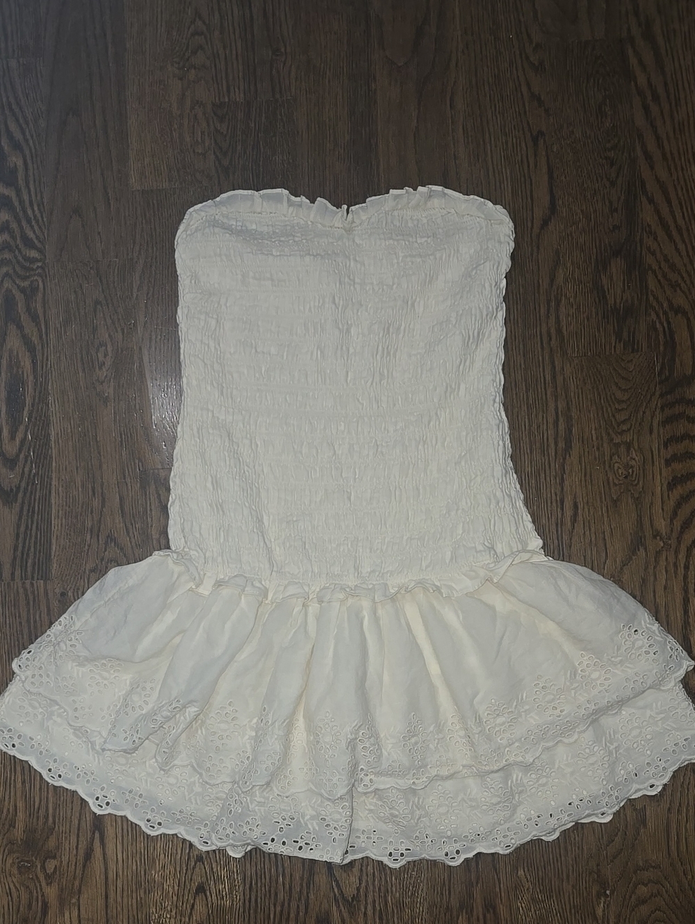 American Eagle Outfitters Cream Strapless Smocked Ruffle Dress
